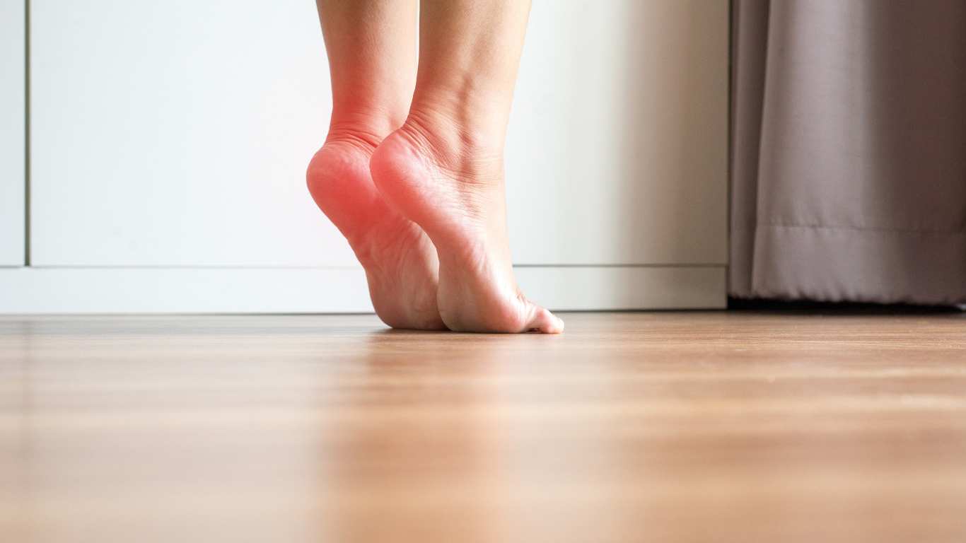 Women stretching and tiptoe foot in bedroom. for heel spurs
