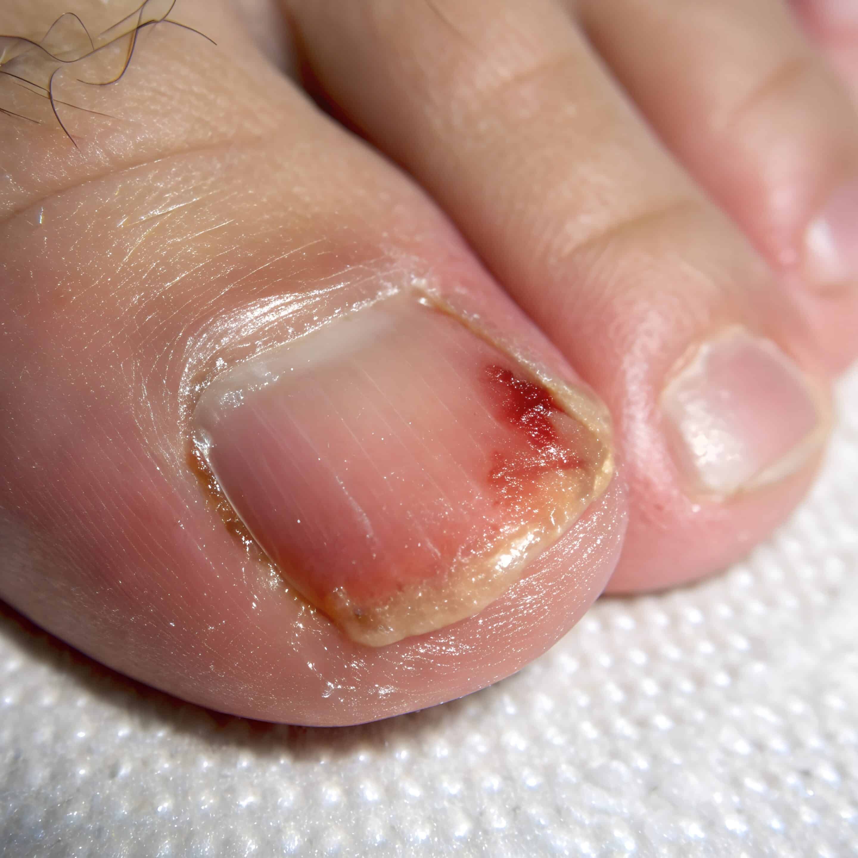 A close-up image showing an inflamed and injured toenail with signs of infection and redness. A close-up image showing an inflamed and injured toenail with signs of infection and redness.